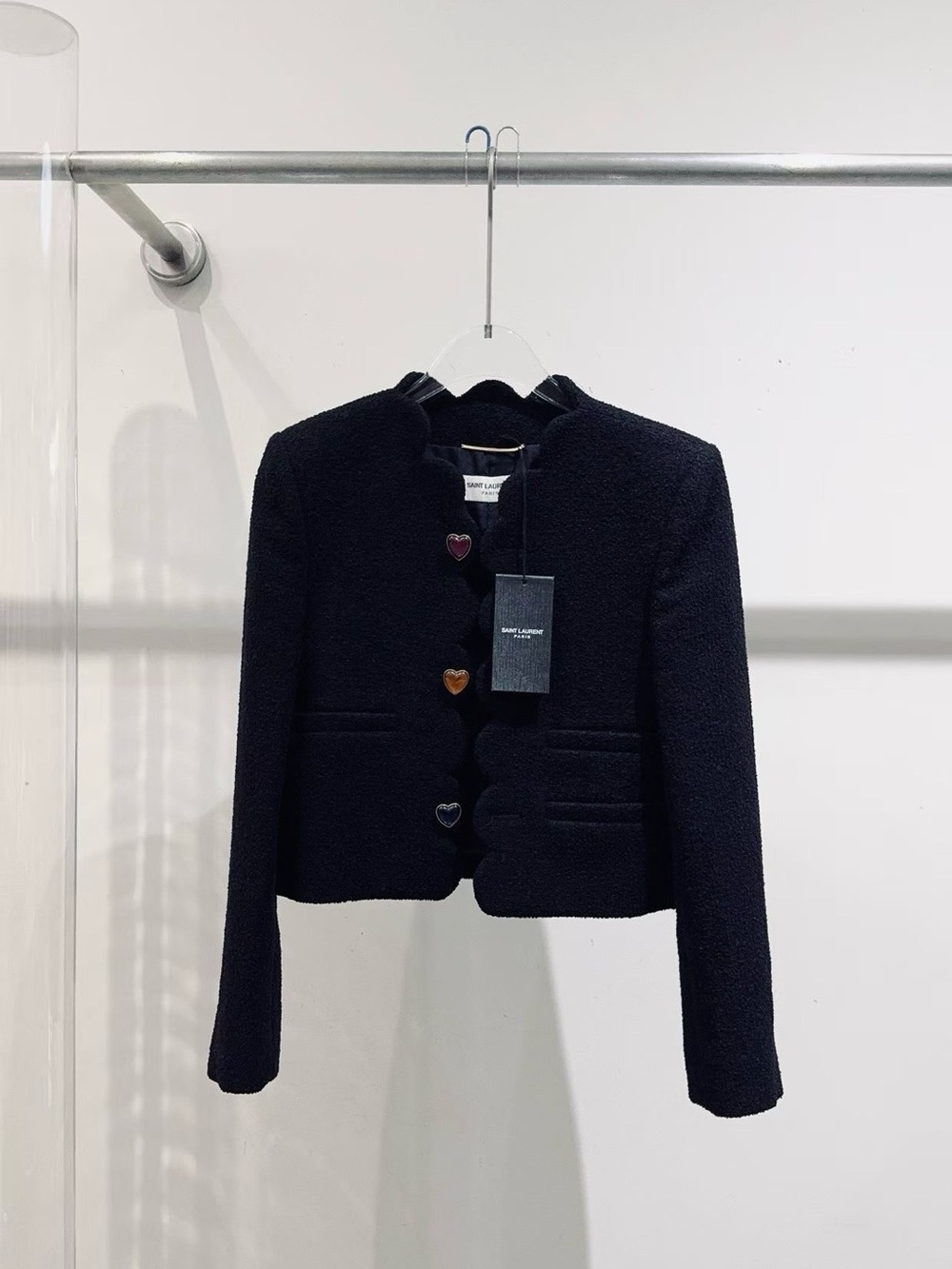 🚩steal Saint Laurent Black Cropped Bouclé Blazer with Heart Buttons